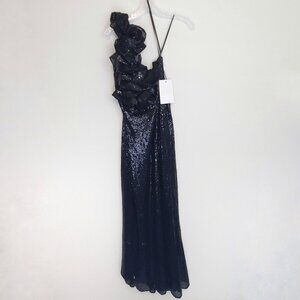 Mac Duggal Black Sequin Ruffled one Shoulder gown